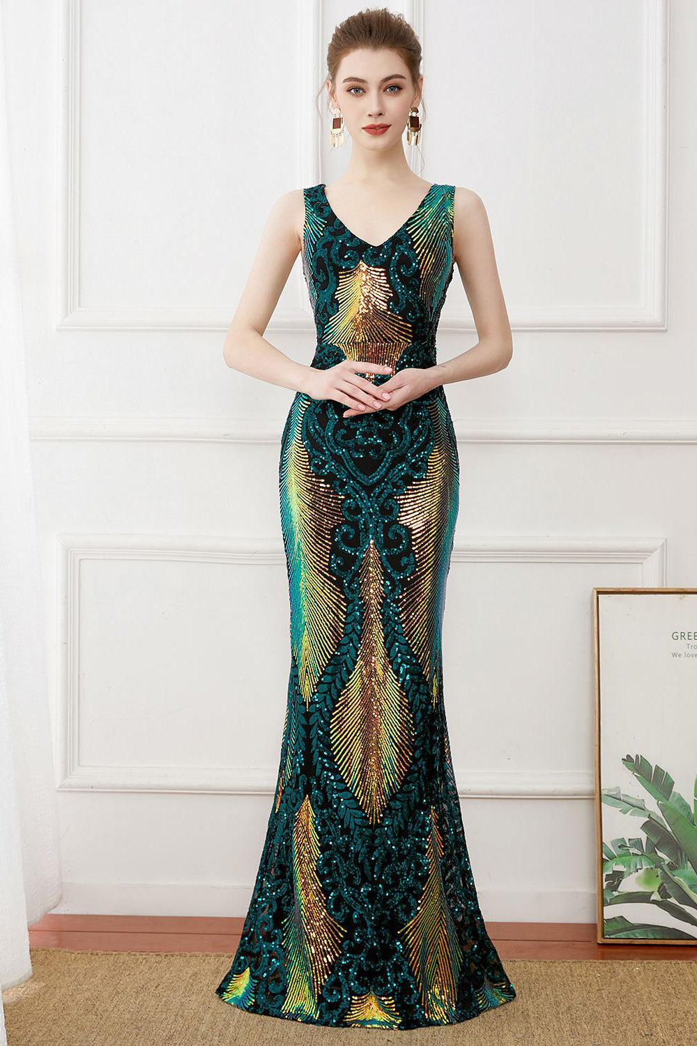 Robe longue fourreau à paillettes vert foncé, style années 20