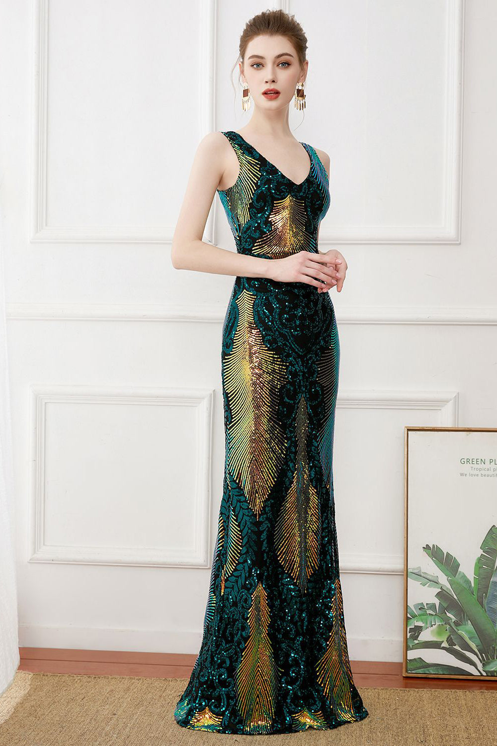 Robe longue fourreau à paillettes vert foncé, style années 20