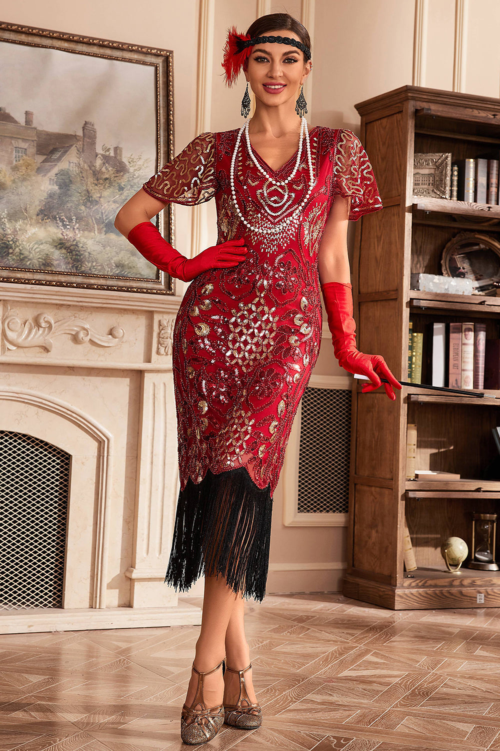 Robe Gatsby noire et dorée à col en V, franges et paillettes années 20