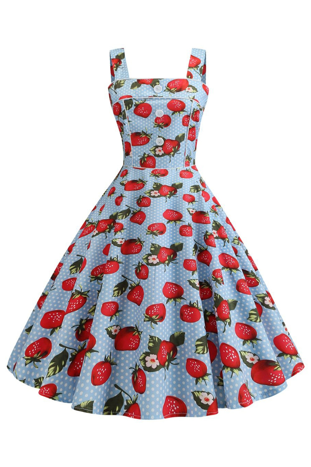 Robe sans manches bleue imprimée fraises années 50