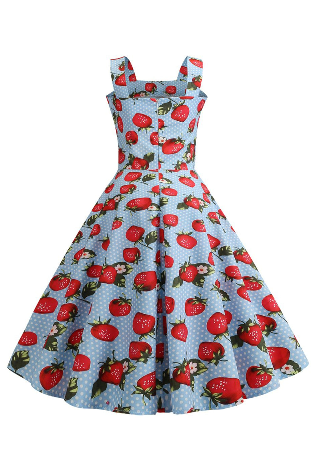 Robe sans manches bleue imprimée fraises années 50