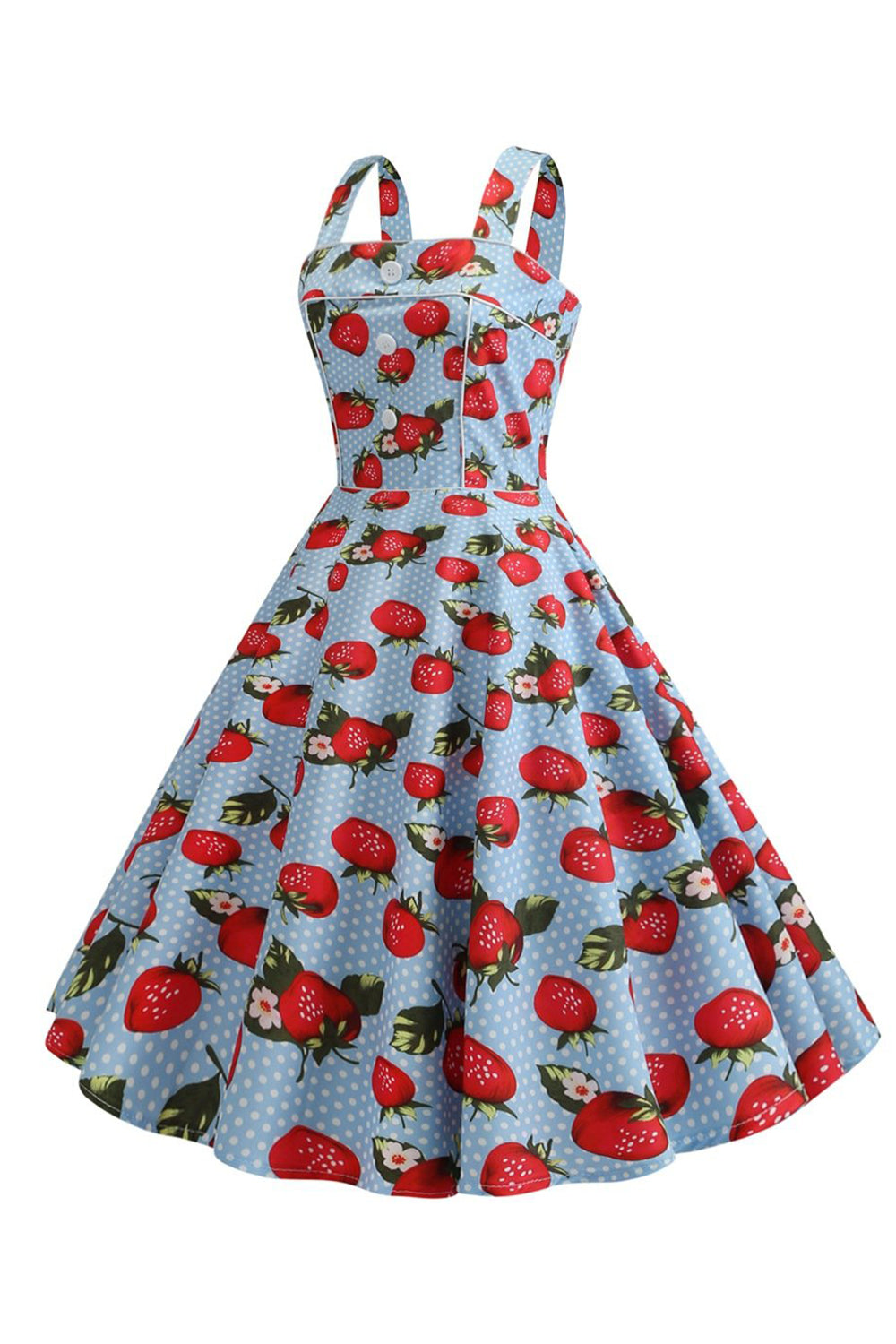 Robe sans manches bleue imprimée fraises années 50