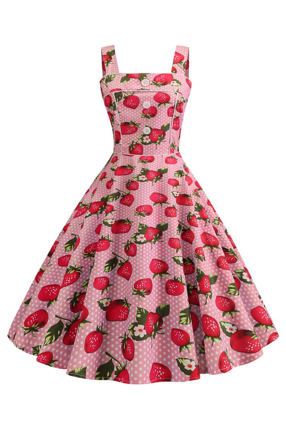 Robe sans manches bleue imprimée fraises années 50