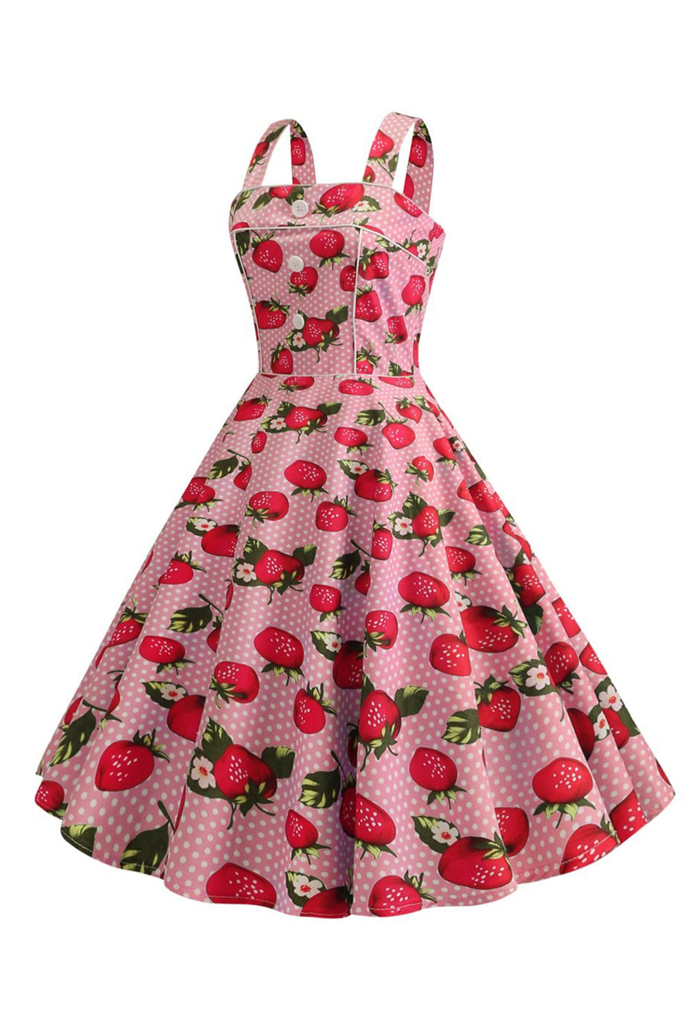 Robe sans manches bleue imprimée fraises années 50