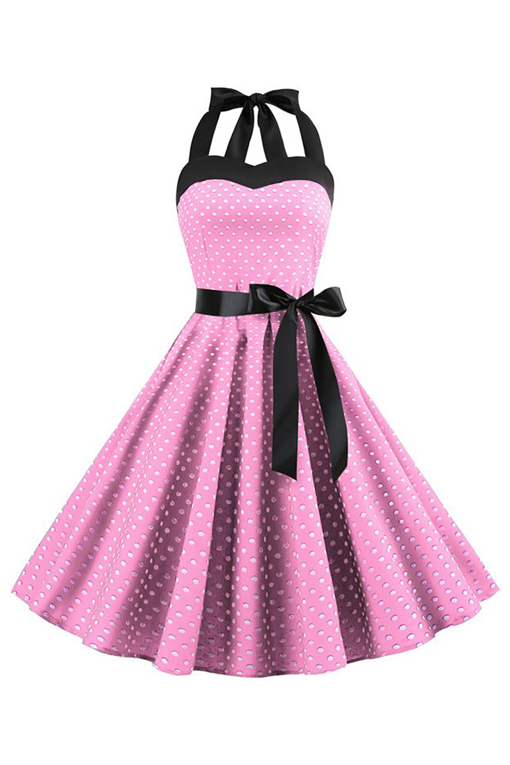 Robe dos nu des années 1950 à pois roses avec nœud