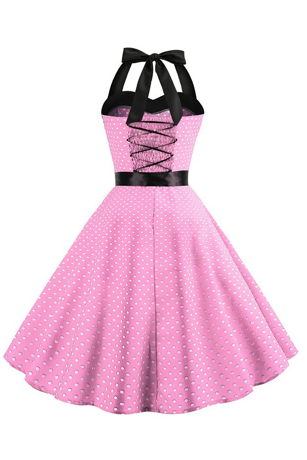 Robe dos nu des années 1950 à pois roses avec nœud