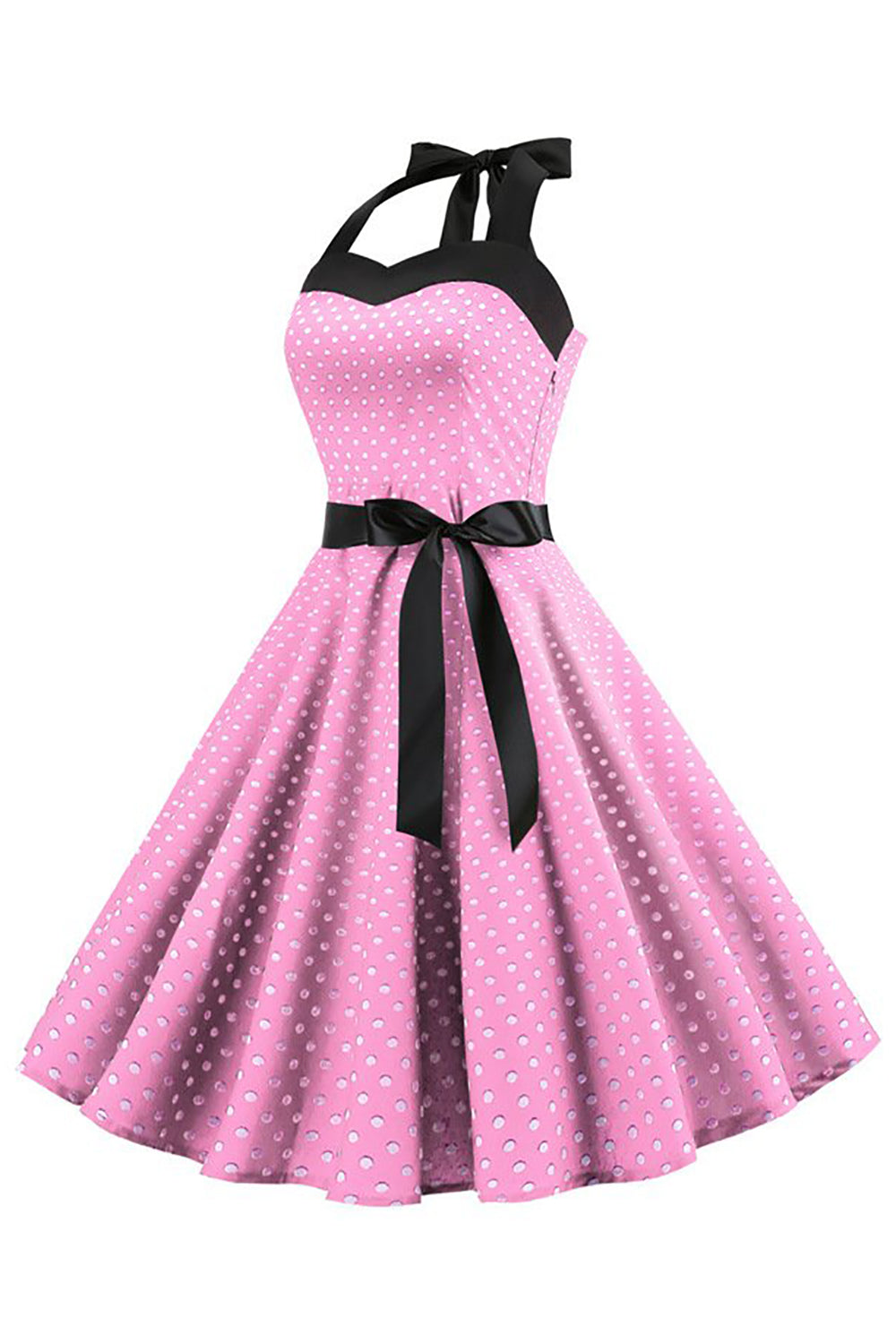 Robe dos nu des années 1950 à pois roses avec nœud