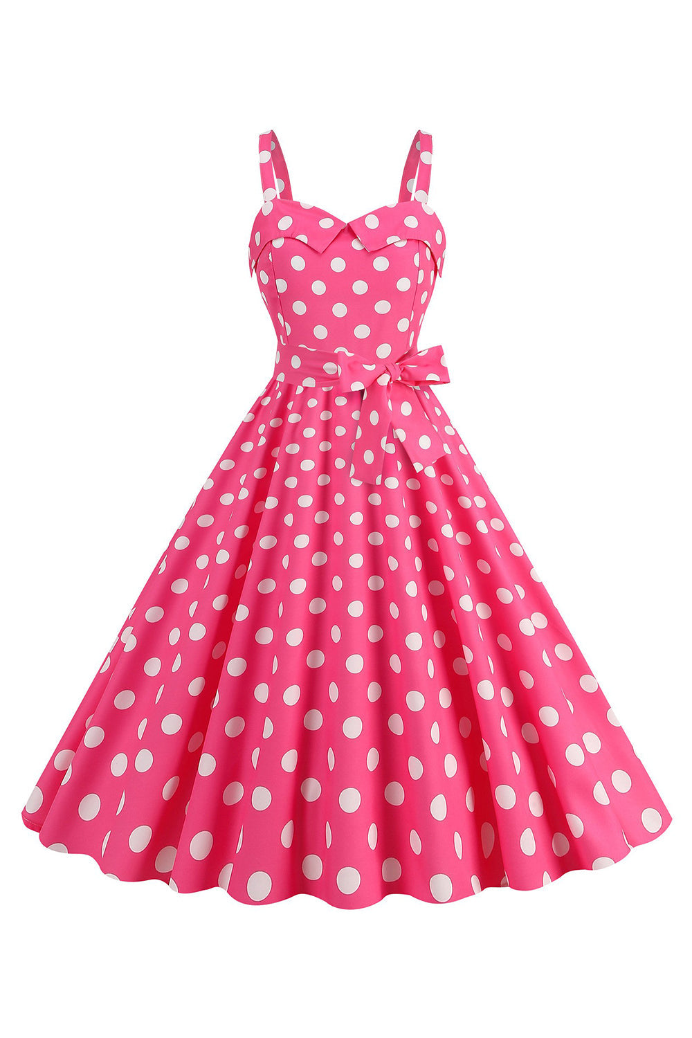 Robe rose à fines bretelles à pois, style années 50, avec nœud papillon