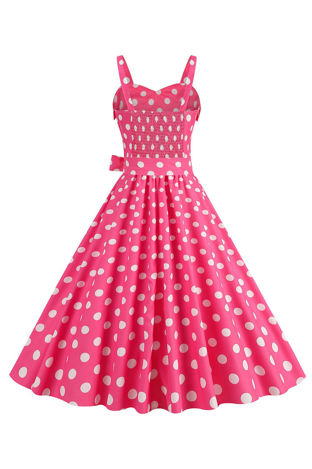 Robe rose à fines bretelles à pois, style années 50, avec nœud papillon