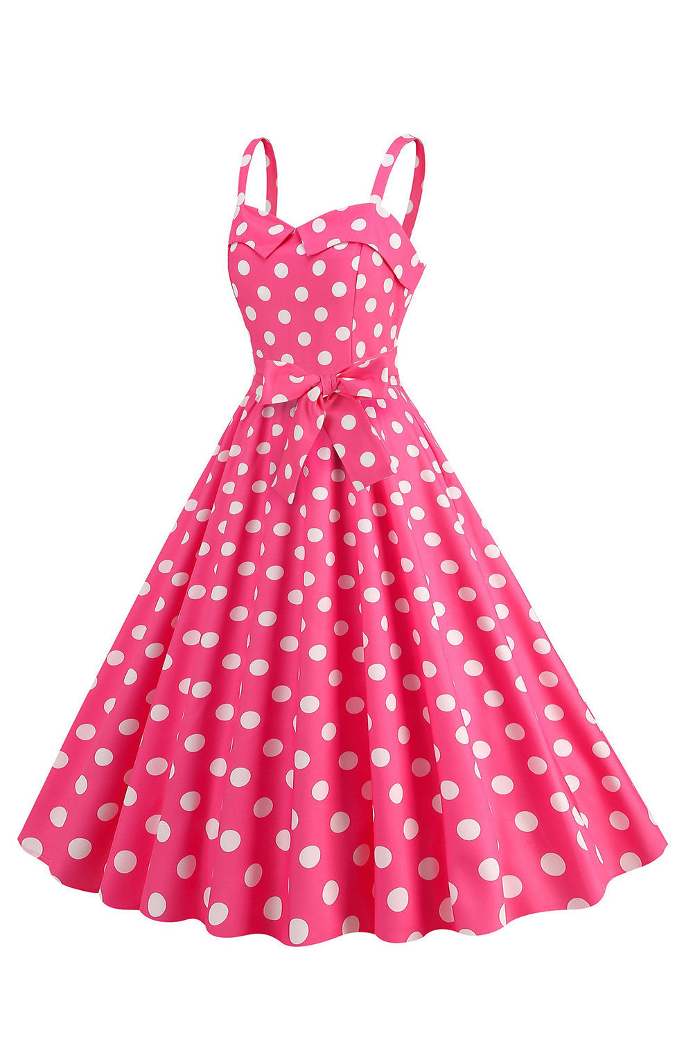 Robe rose à fines bretelles à pois, style années 50, avec nœud papillon