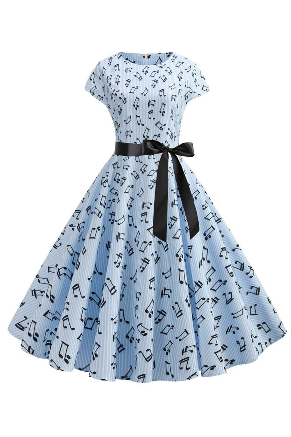 Light Blue Printed Cap Sleeves 1950s Dress