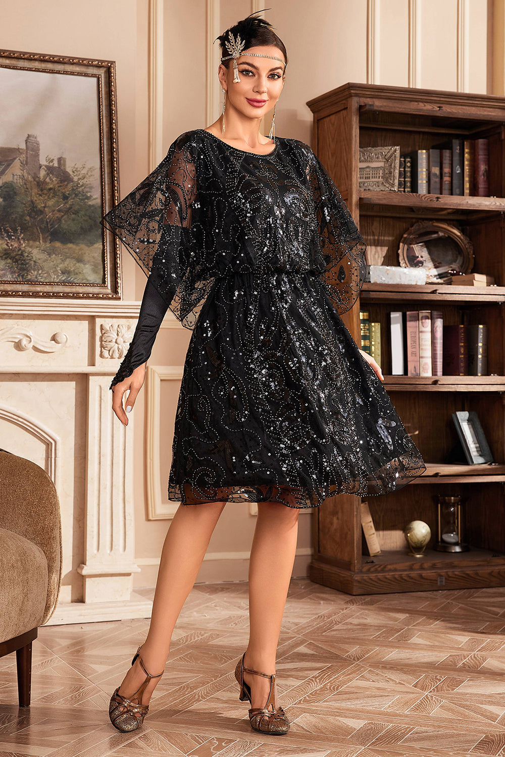 Robe noire à sequins années 20, manches chauve-souris