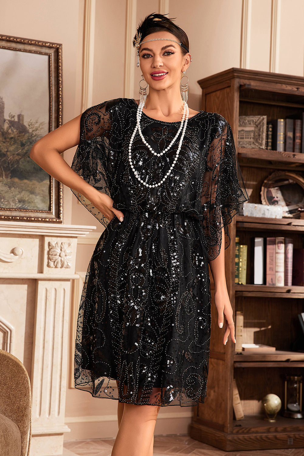 Robe noire à sequins années 20, manches chauve-souris