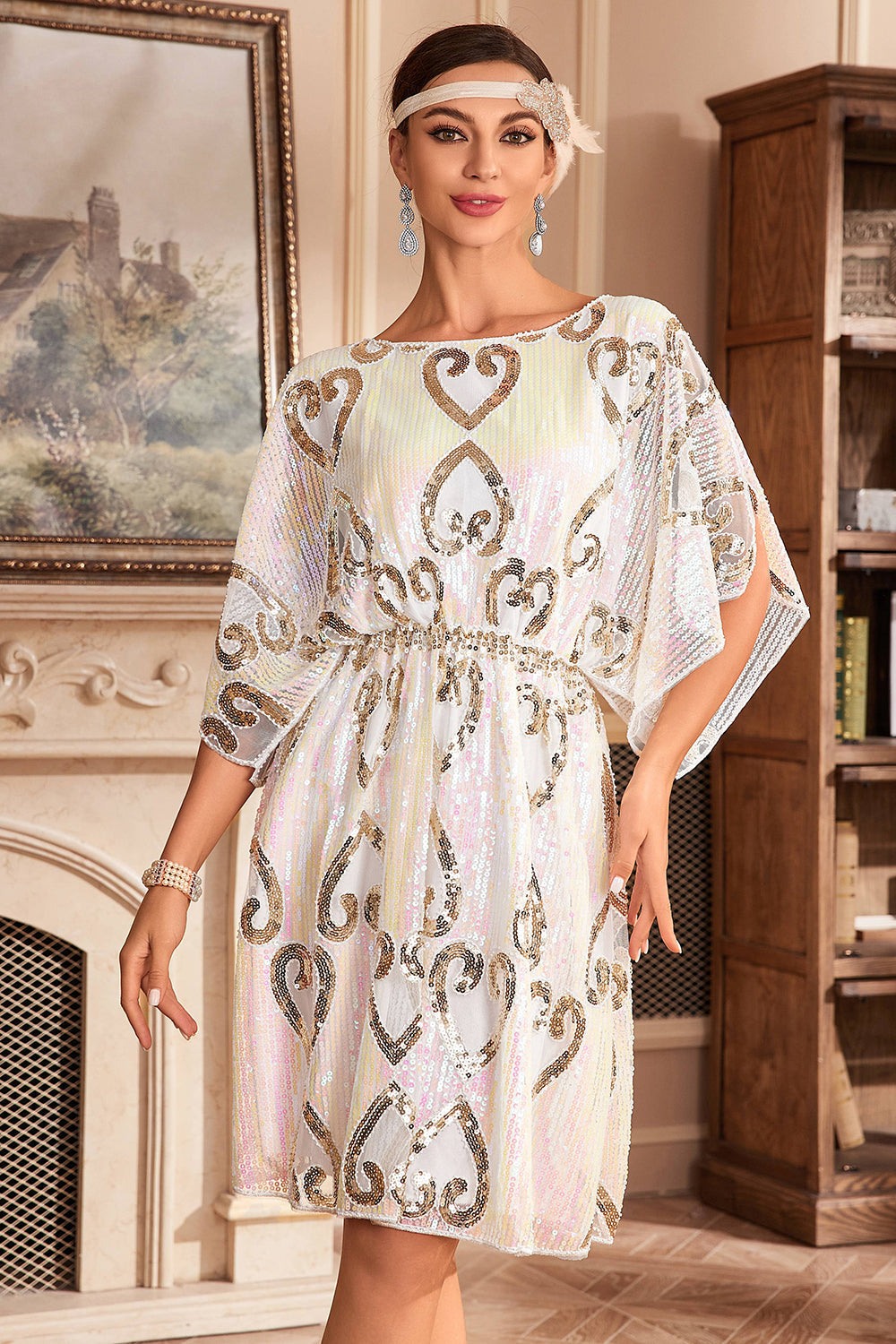 Robe de soirée à paillettes noires et manches chauve-souris style Années Folles