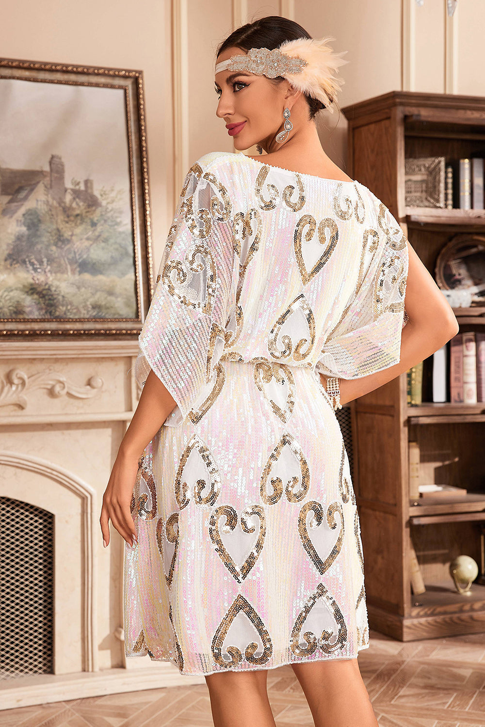 Robe de soirée à paillettes noires et manches chauve-souris style Années Folles
