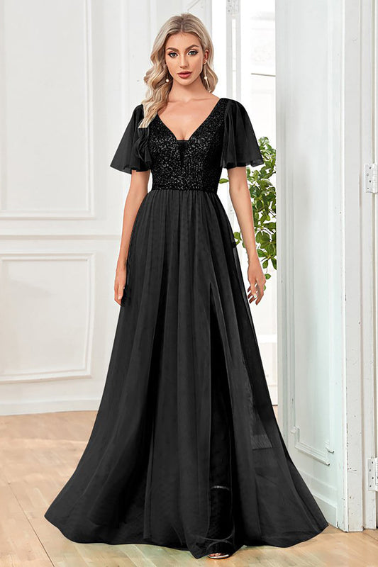 Tulle A-Line Black Sequin Formal Dress with Slit