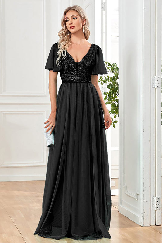 Tulle A-Line Black Sequin Formal Dress with Slit