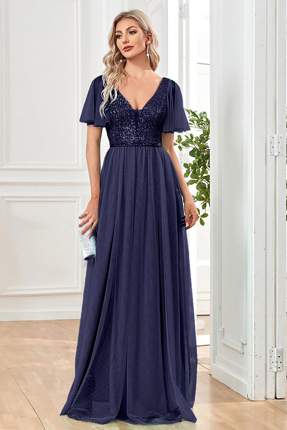 Tulle A-Line Sequins Black Formal Dress with Slit