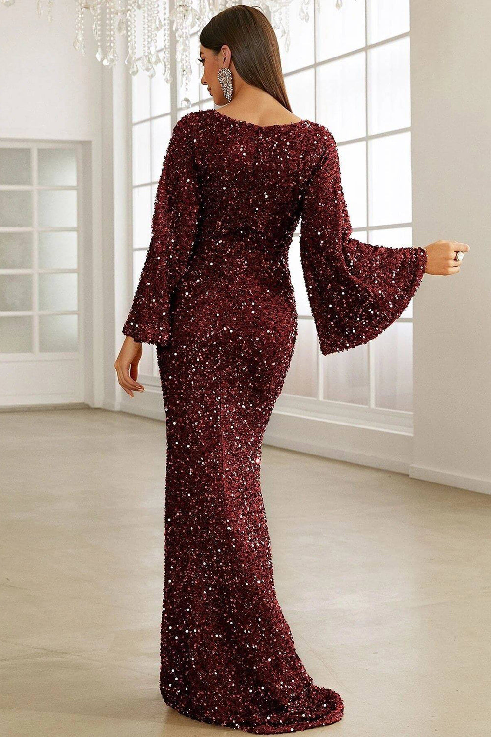 Robe de soirée longue sirène à paillettes bourgogne