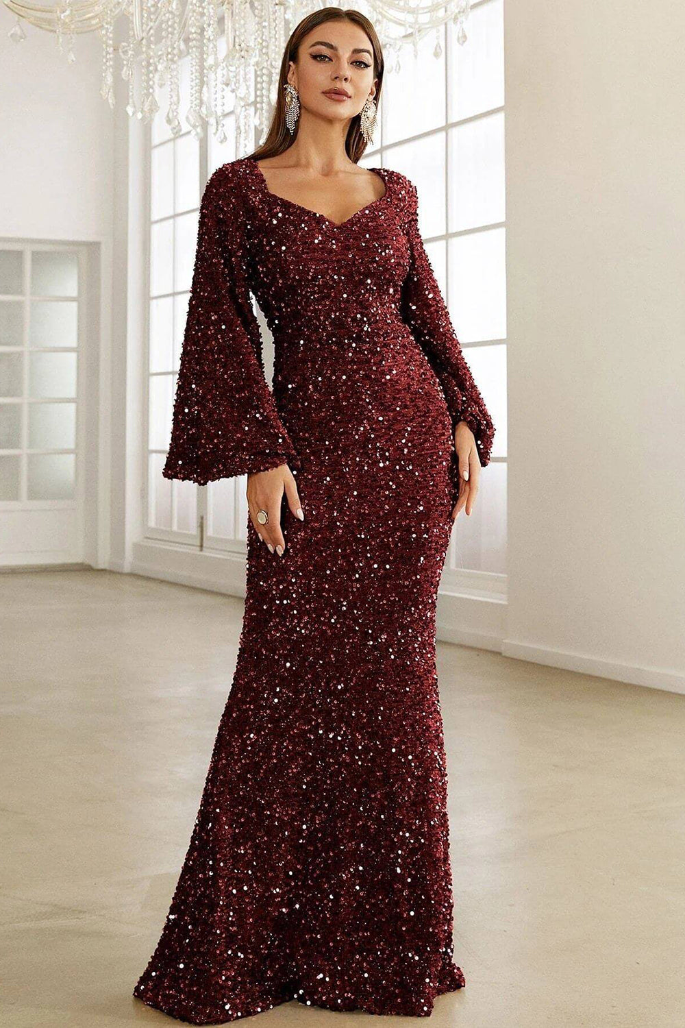 Robe de soirée longue sirène à paillettes bourgogne
