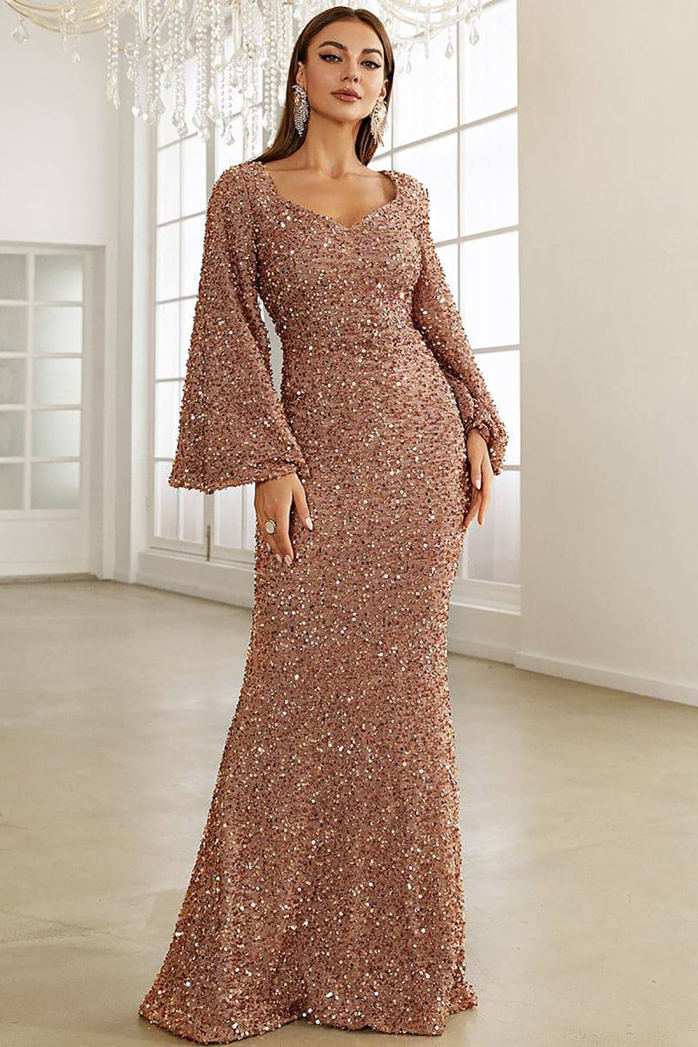 Robe de soirée longue sirène à paillettes bourgogne