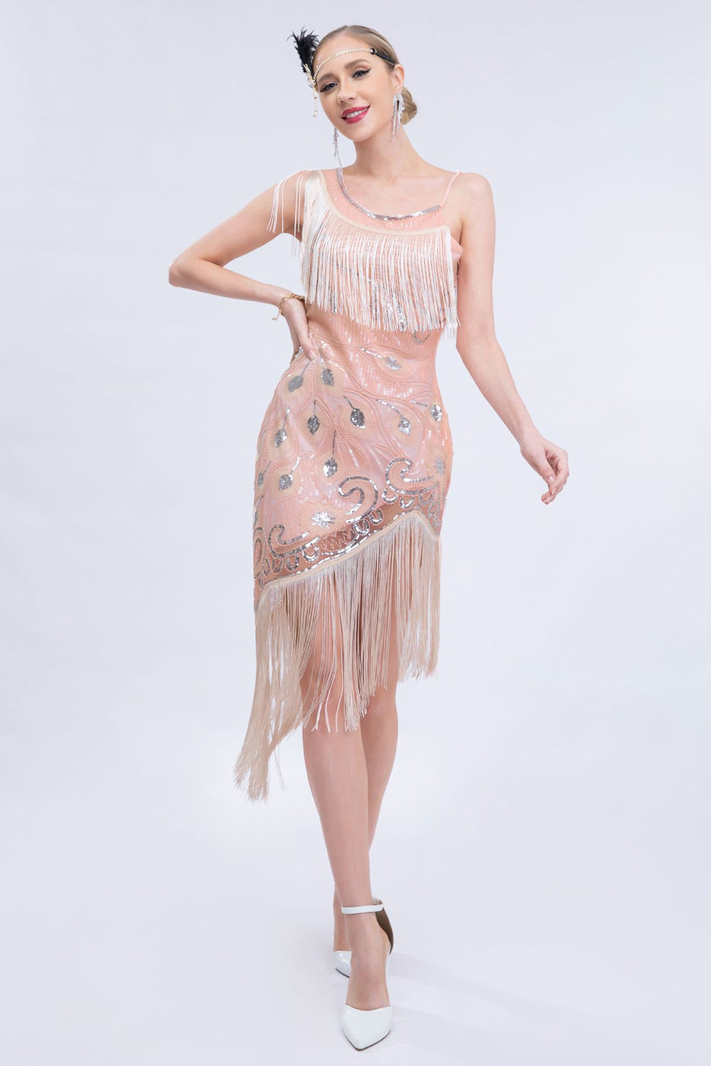 Robe années 20 asymétrique noire pailletée à franges