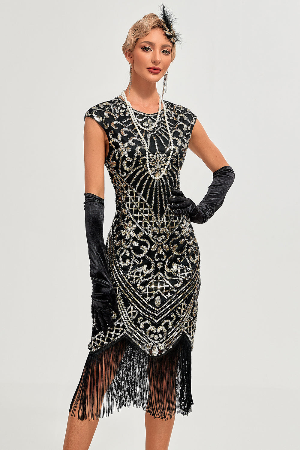 Robe Gatsby noire à franges perlées scintillantes années 20