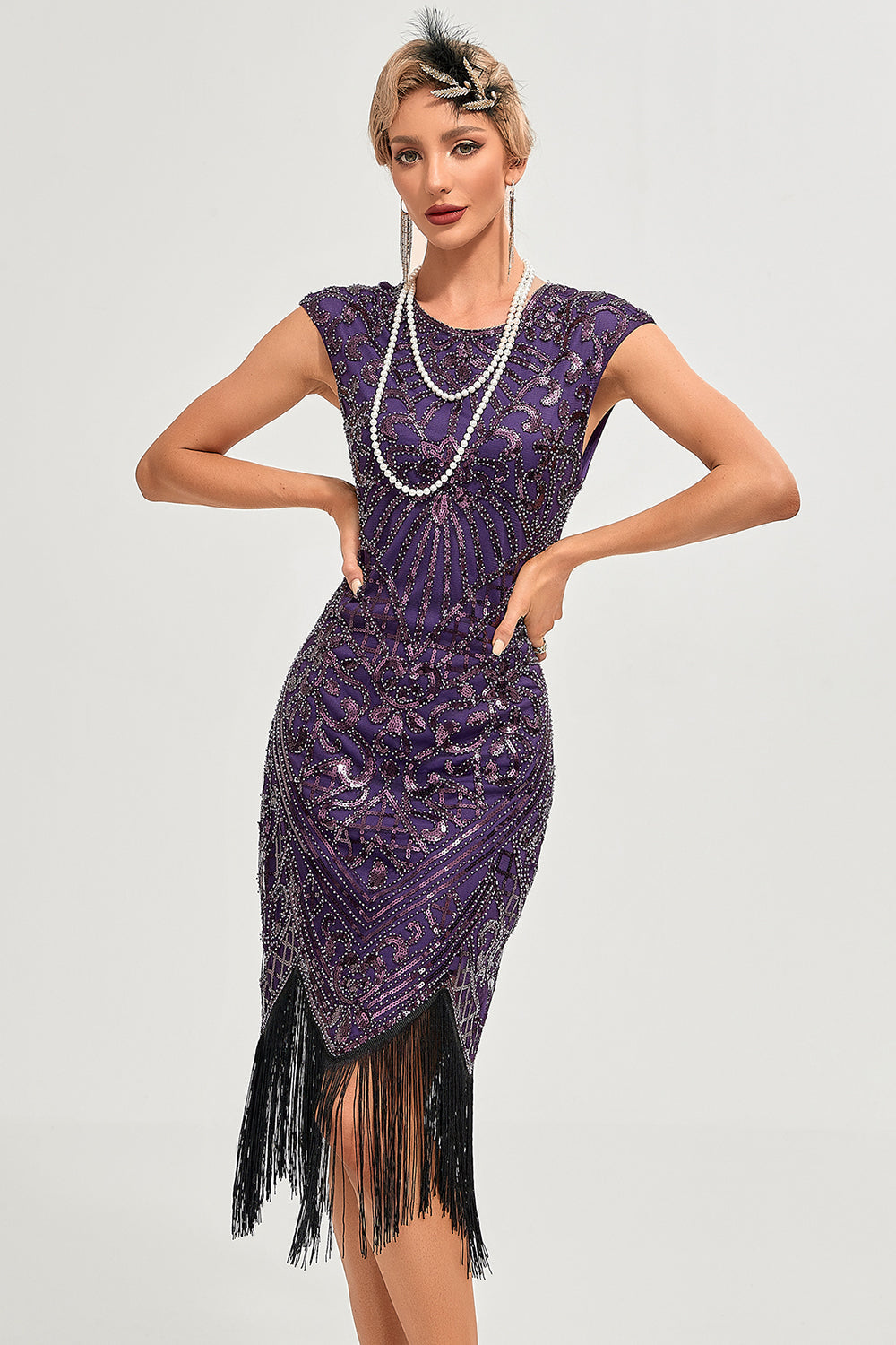 Robe Gatsby noire à franges perlées scintillantes années 20