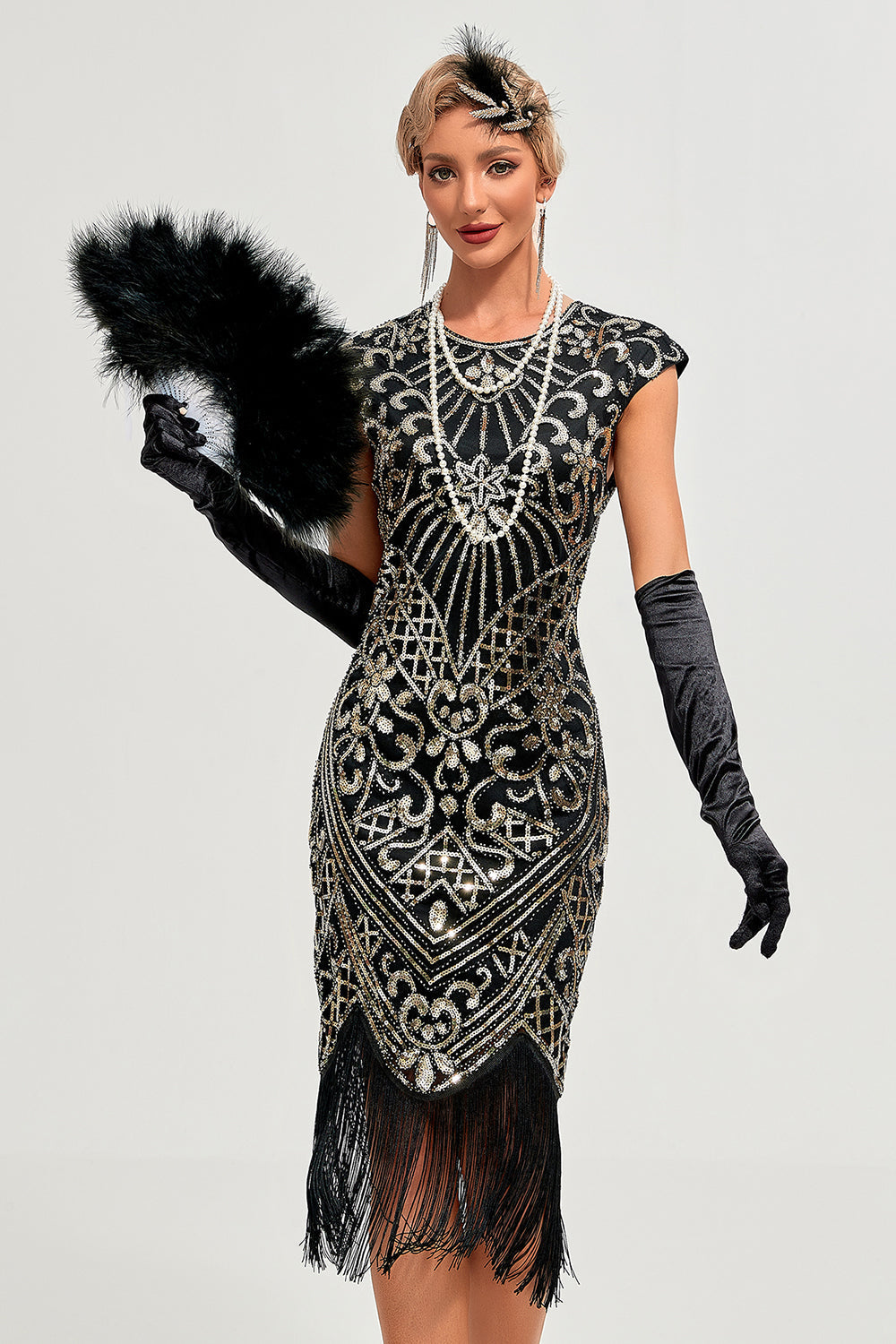 Robe Gatsby noire à franges perlées scintillantes années 20