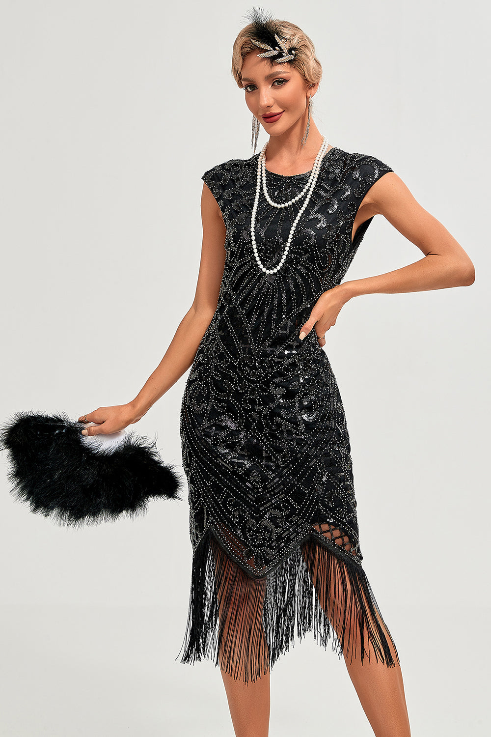 Robe Gatsby noire à franges perlées scintillantes années 20