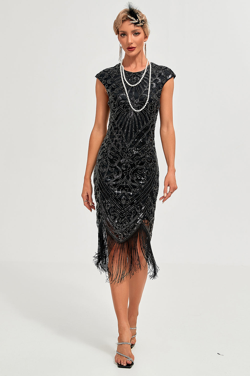 Robe Gatsby noire à franges perlées scintillantes années 20