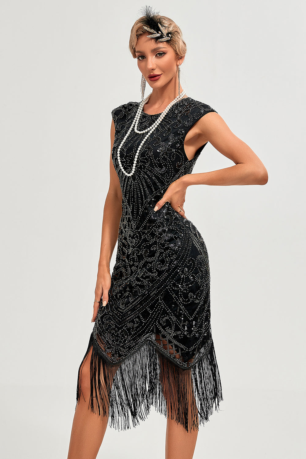 Robe Gatsby noire à franges perlées scintillantes années 20