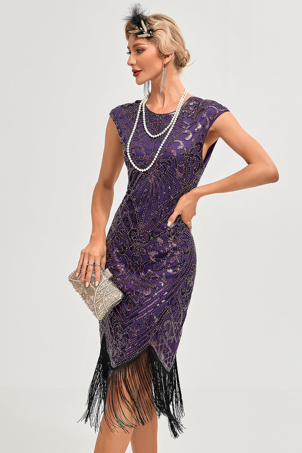 Robe Gatsby noire à franges perlées scintillantes années 20
