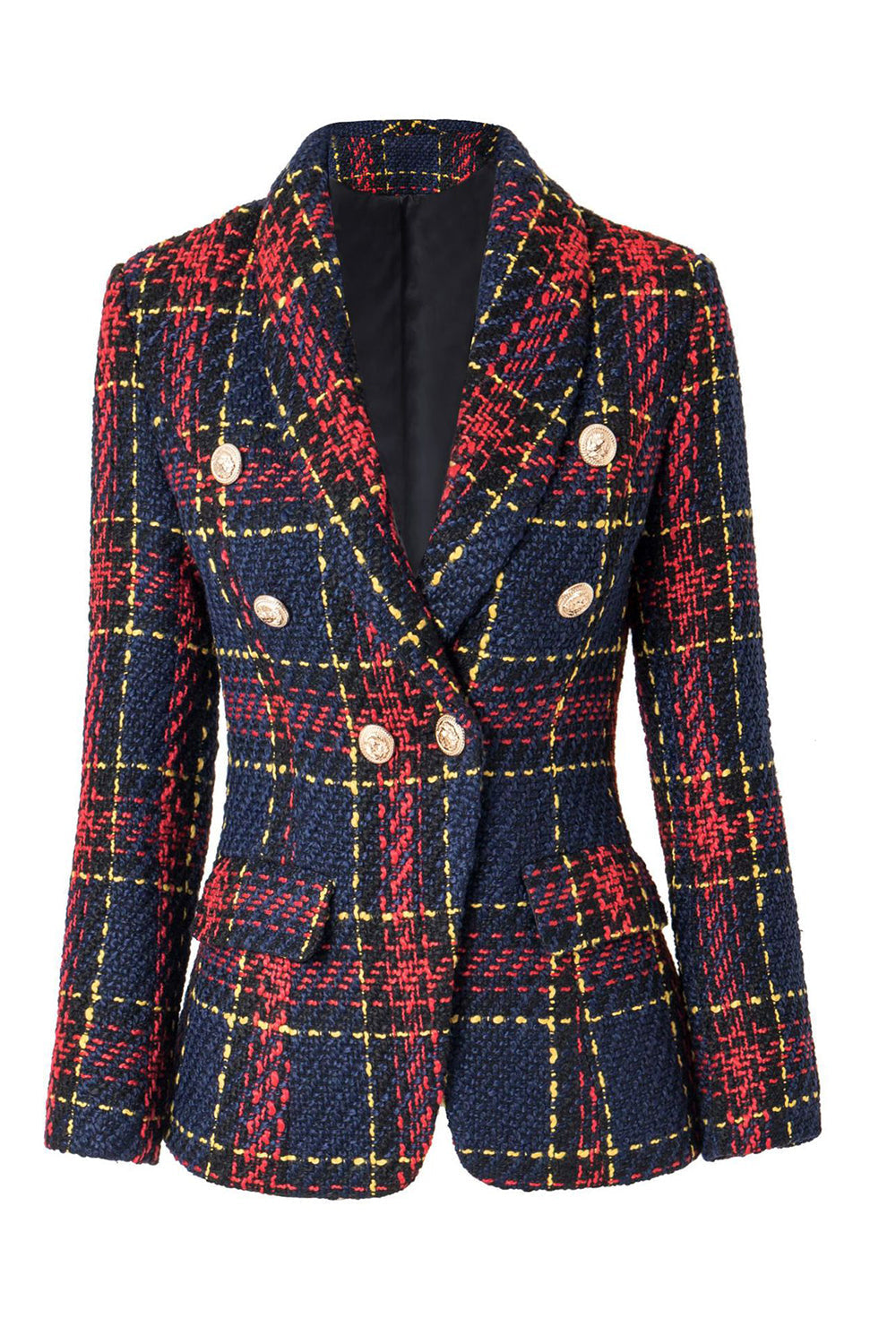 Blazer pour femme bleu rouge coupe slim, revers rétro à carreaux