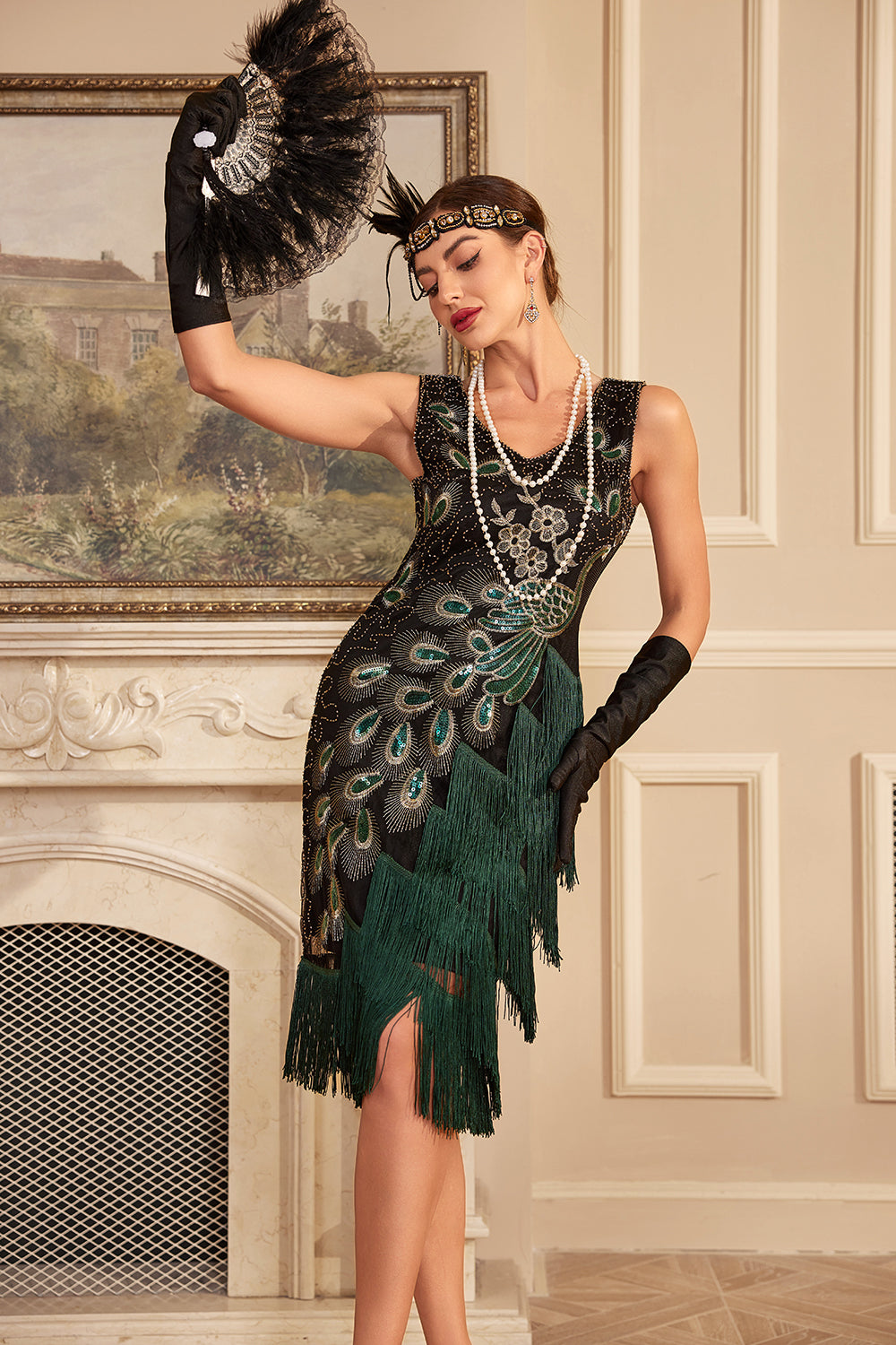 Robe Charleston à Franges et Paillettes Noires Scintillantes