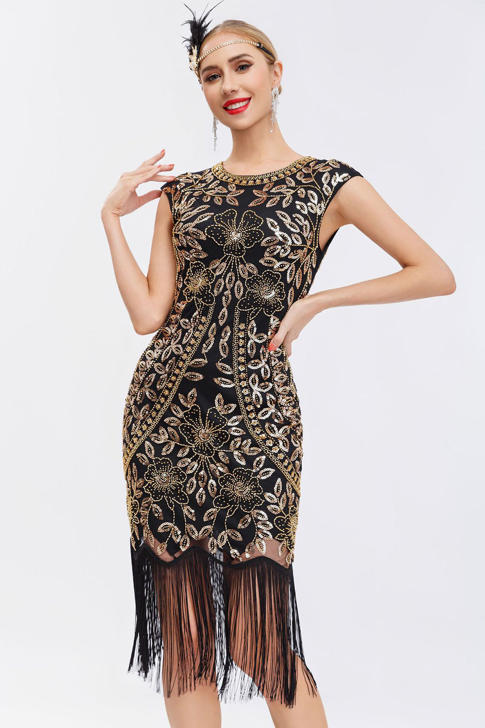 Robe Gatsby années 20 noire à sequins et franges