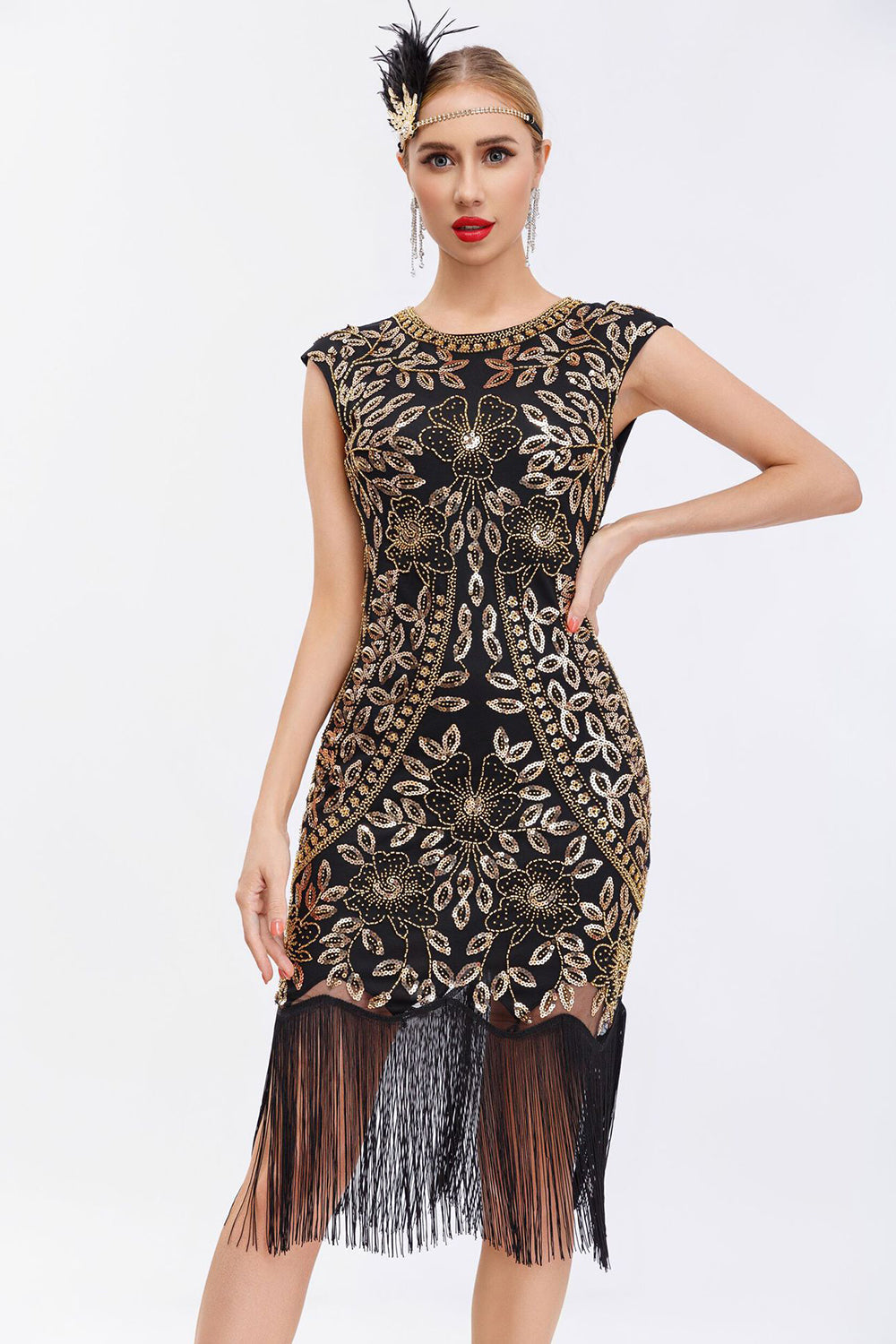 Robe Gatsby années 20 noire à sequins et franges