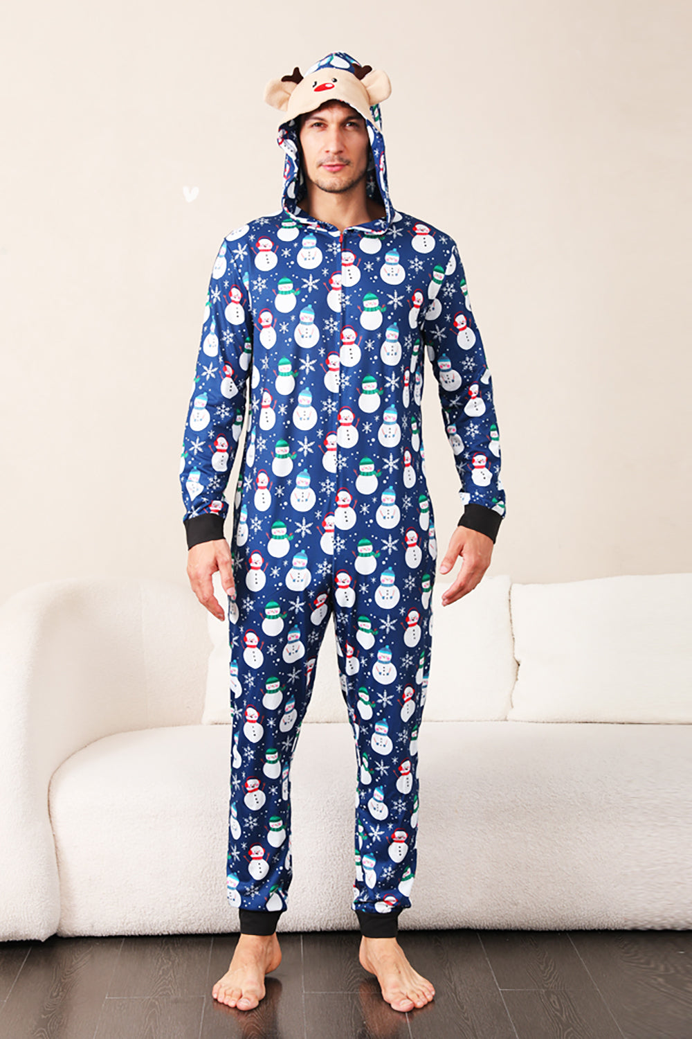 Pyjama de Noël une pièce bleu motif bonhomme de neige assorti pour toute la famille