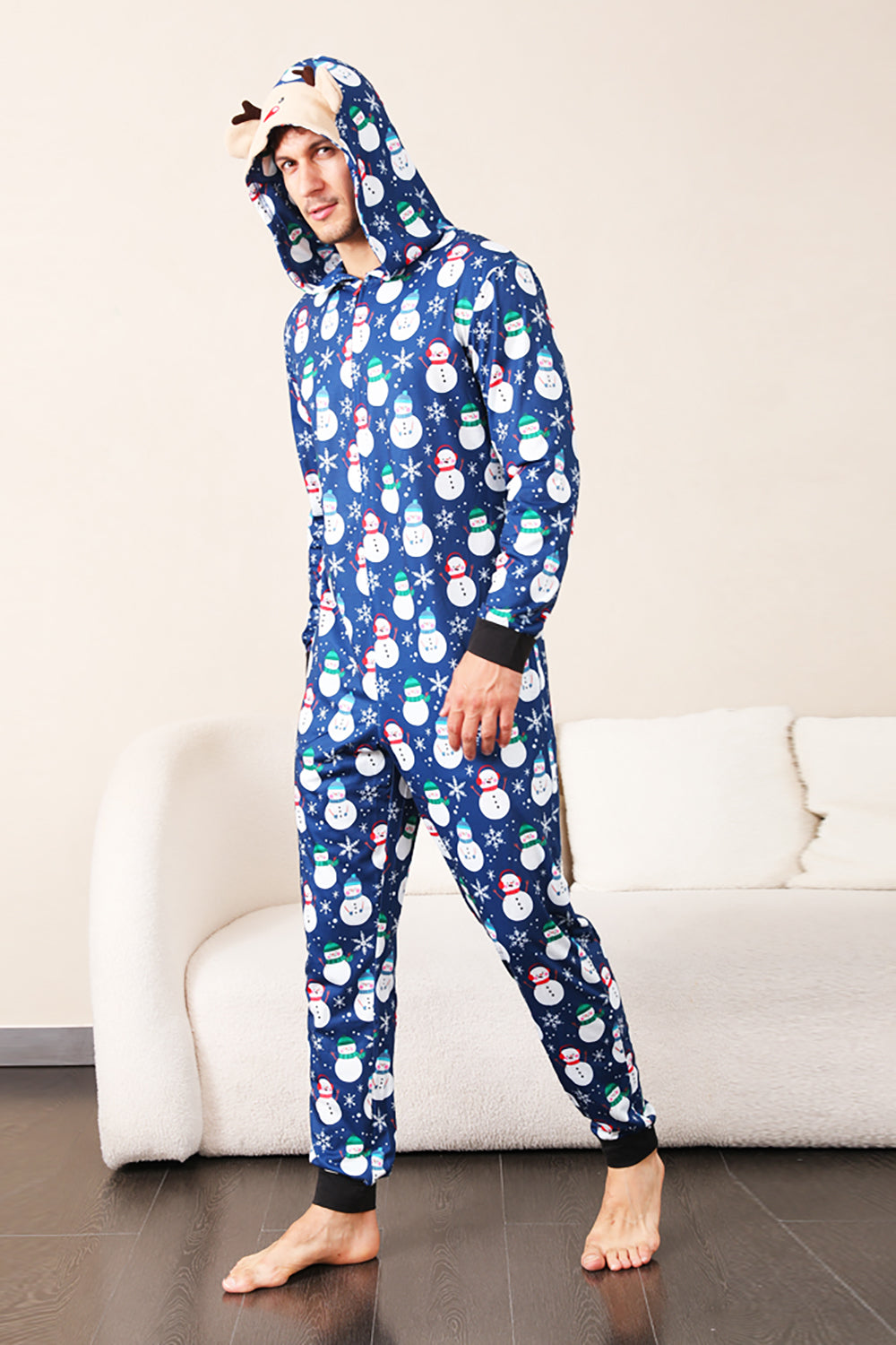 Pyjama de Noël une pièce bleu motif bonhomme de neige assorti pour toute la famille