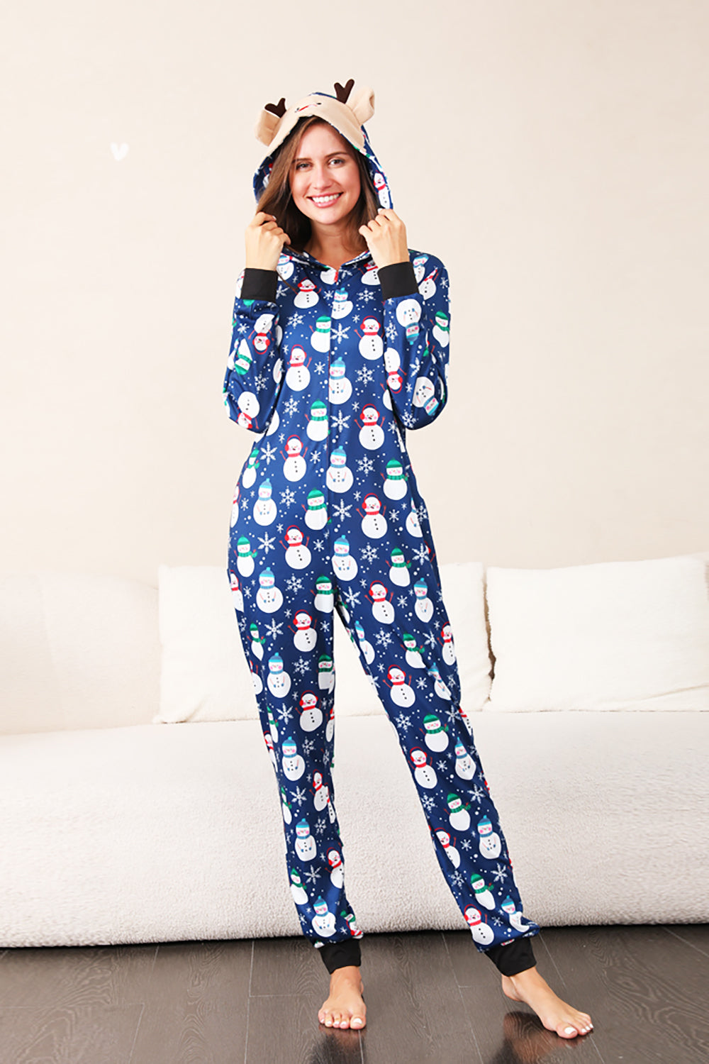 Pyjama de Noël une pièce bleu motif bonhomme de neige assorti pour toute la famille