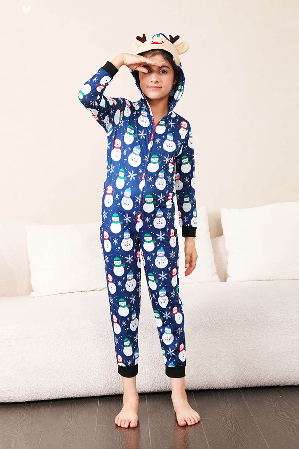 Pyjama de Noël une pièce bleu motif bonhomme de neige assorti pour toute la famille
