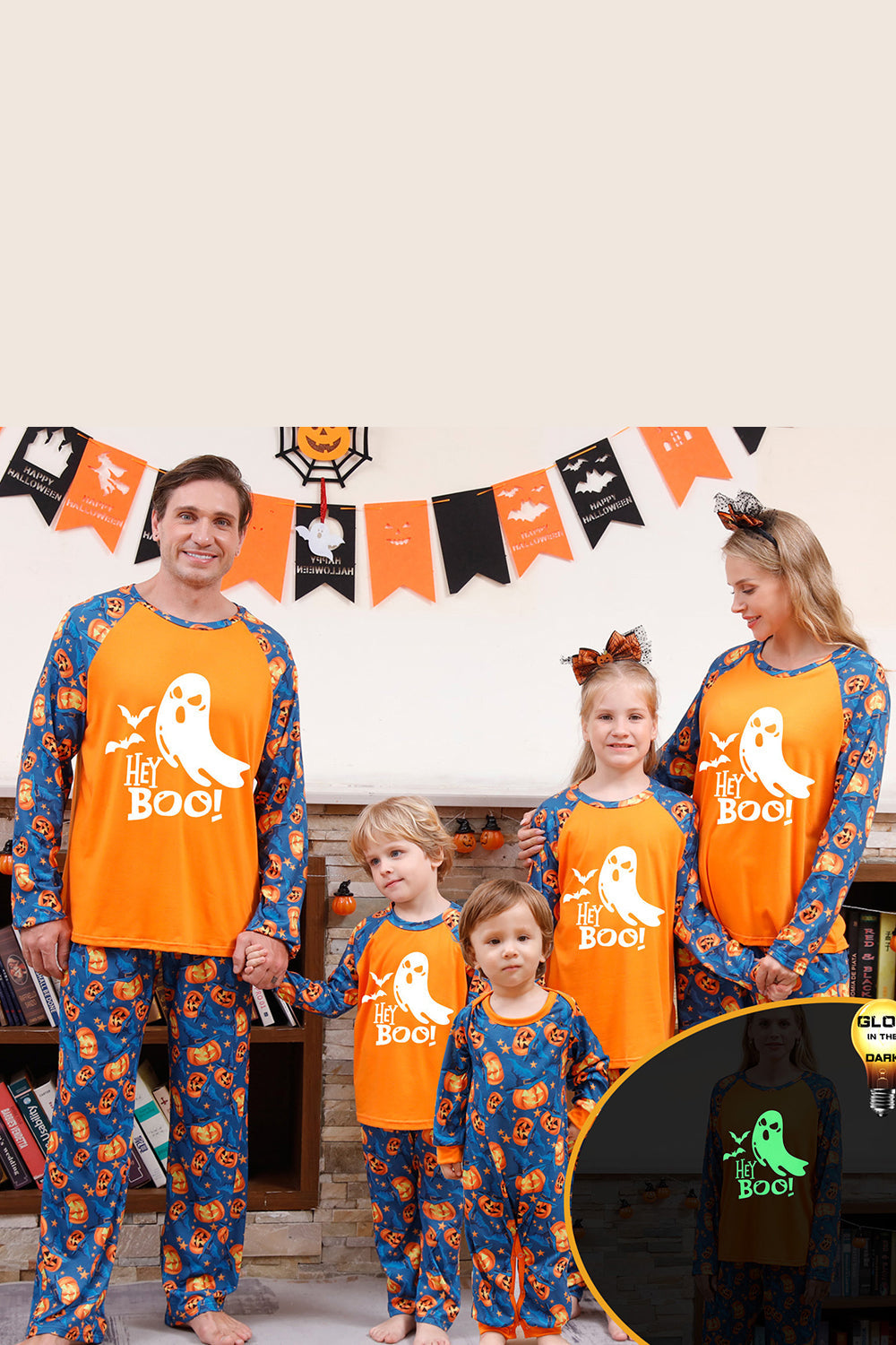 Pyjama d'Halloween familial à manches longues avec imprimé citrouille orange