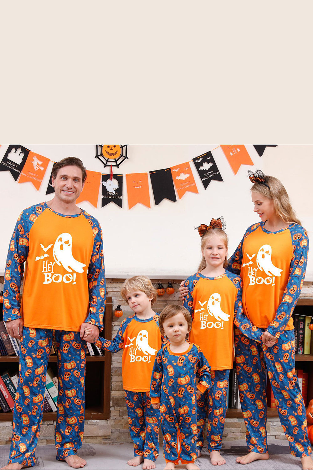 Pyjama d'Halloween familial à manches longues avec imprimé citrouille orange