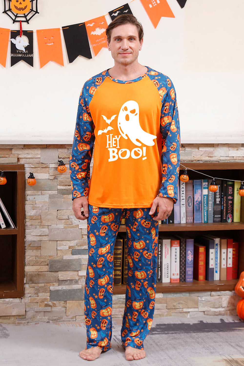 Pyjama d'Halloween familial à manches longues avec imprimé citrouille orange