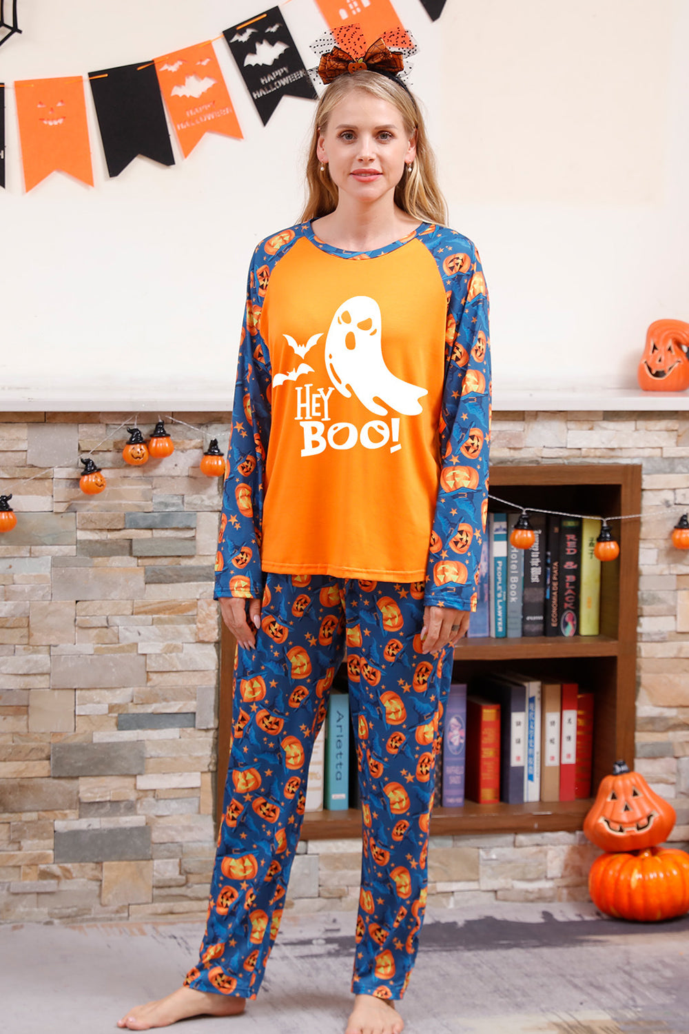 Pyjama d'Halloween familial à manches longues avec imprimé citrouille orange