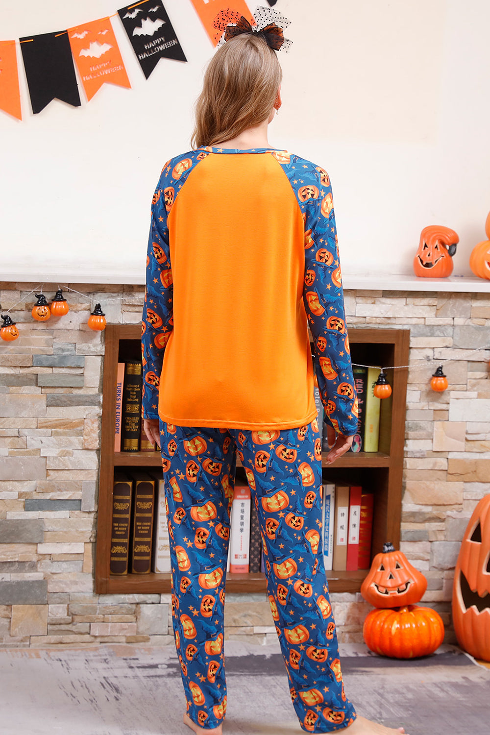 Pyjama d'Halloween familial à manches longues avec imprimé citrouille orange