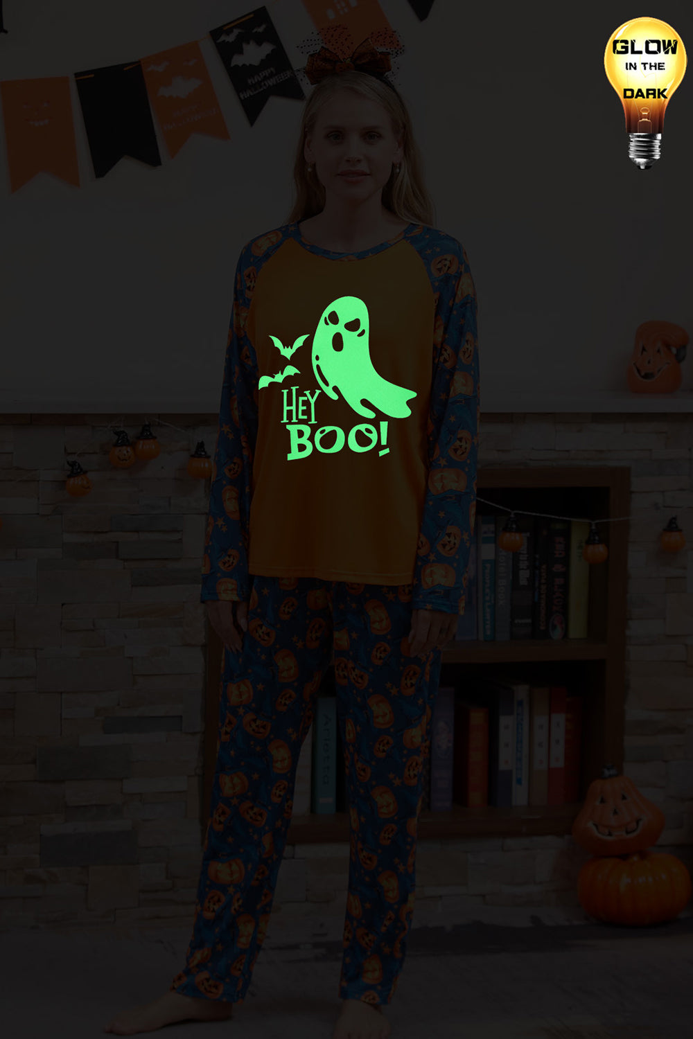 Pyjama d'Halloween familial à manches longues avec imprimé citrouille orange