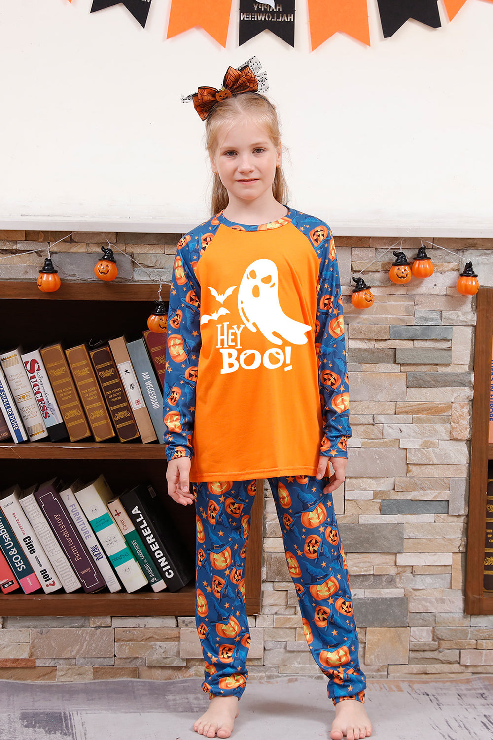 Pyjama d'Halloween familial à manches longues avec imprimé citrouille orange