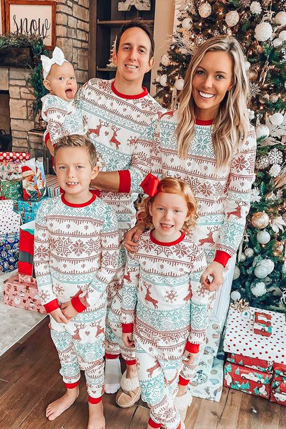 Snowflake and Deer Print Grey Family Matching Christmas Pajamas Set