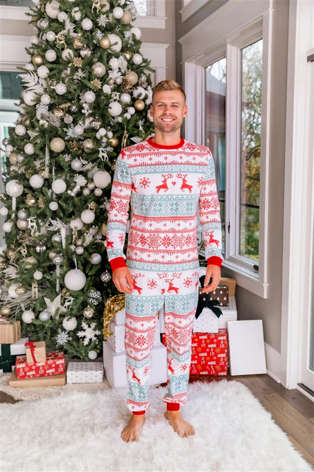 Snowflake and Deer Print Grey Family Matching Christmas Pajamas Set
